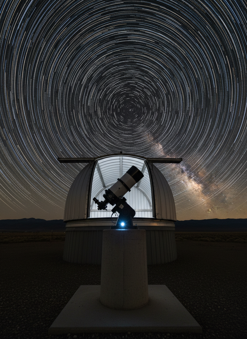 A long-exposure, photographic-realistic night scene of a single flagship rental telescope on a concrete pier in the foreground, with faint star trails curving overhead to suggest continuous remote operation. The telescope’s mount displays a small, cool white status light, and a weather-protective roll-off roof structure is partially visible behind it. Low mountains ring the horizon under a jet-black San Luis Valley sky dense with stars. The shot is composed at a low angle to give the telescope a heroic, central presence, with the Milky Way offset using the rule of thirds. The mood is serene, precise, and enduring, reinforcing ideas of uptime, reliability, and professional dark-sky performance.