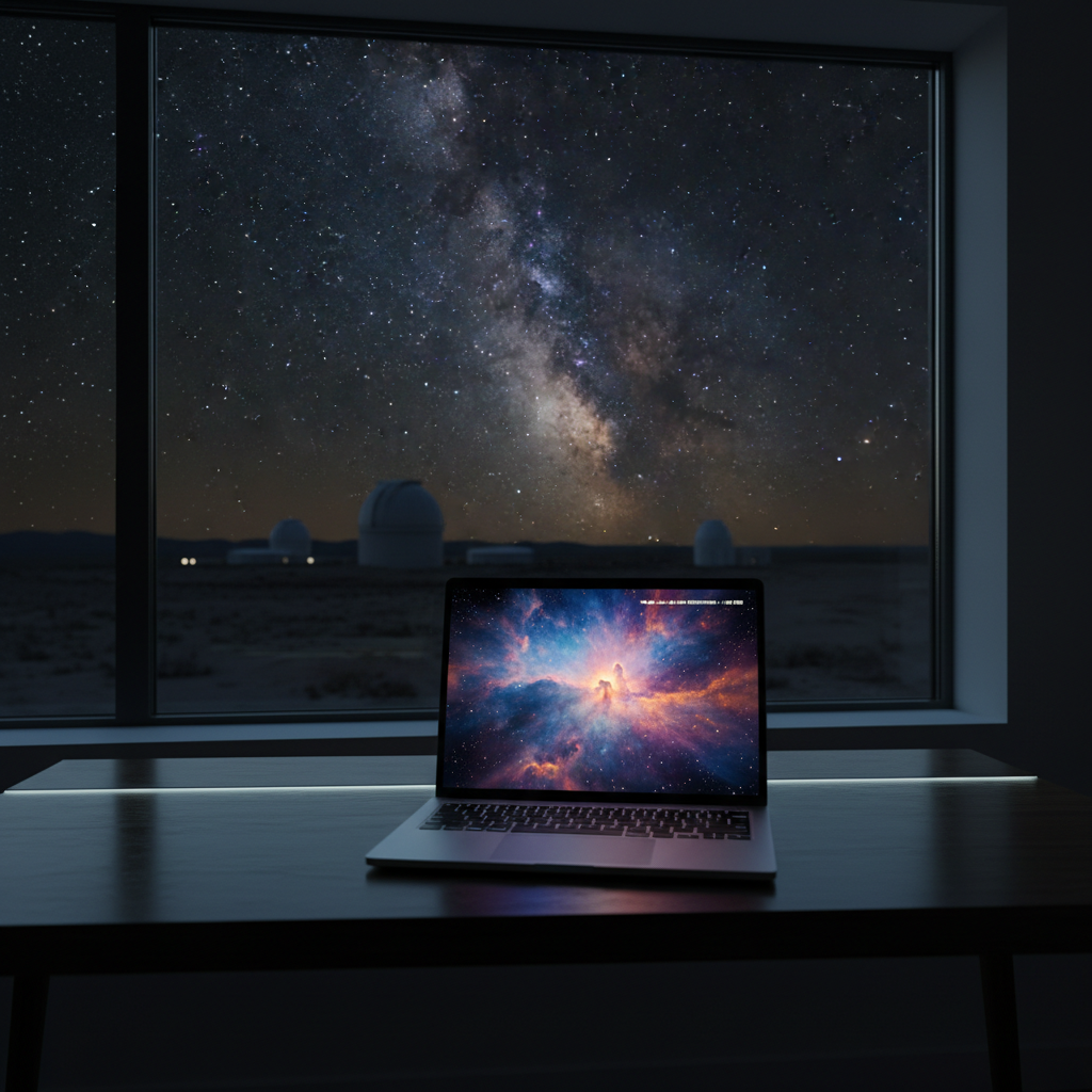 A minimalist workstation scene showing a slim laptop on a dark wooden desk, its screen displaying a live, high-resolution view of a nebula captured through a remote telescope at a San Luis Valley observatory. Behind the laptop, a large window reveals a night landscape with distant observatory domes silhouetted against a crystal-clear, starry sky. Soft, cool indoor desk lighting illuminates the keyboard and trackpad, while moonlight and starlight gently outline the window frame. Photographic realism with a slightly elevated angle and shallow depth of field that keeps the laptop sharp but allows the outdoor observatory to softly blur. The mood is calm, professional, and futuristic, emphasizing effortless remote access from anywhere.