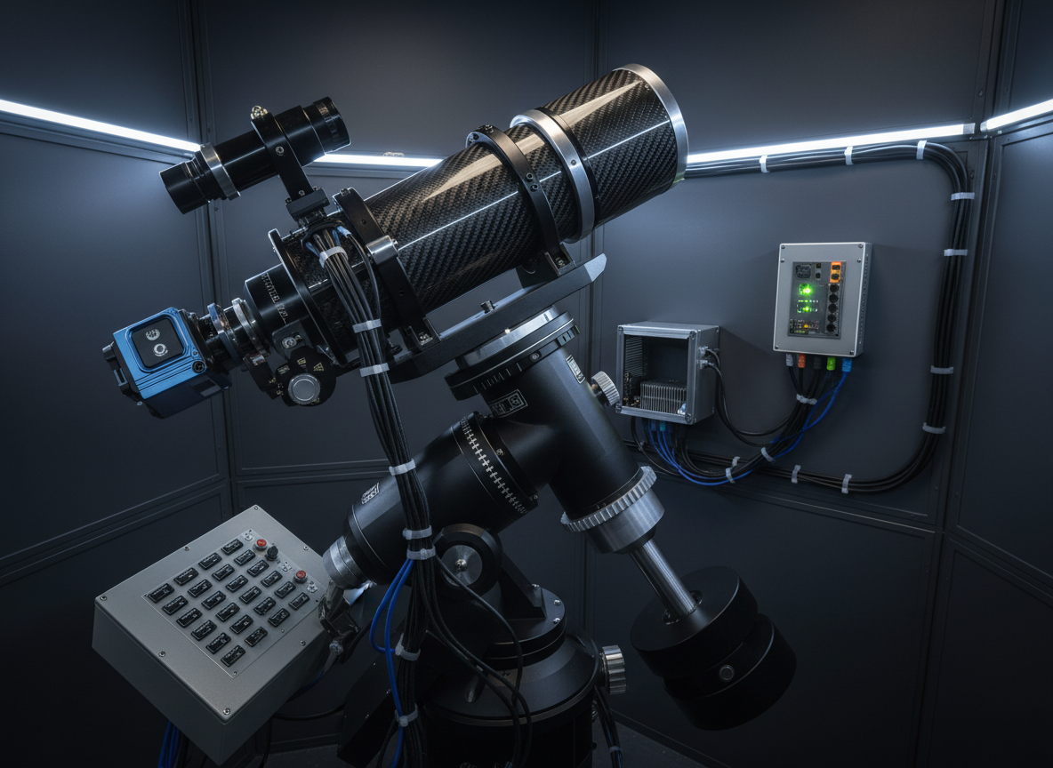 A close-up of a premium rental telescope’s control hardware inside a compact observatory enclosure, showing a sleek carbon-fiber optical tube, neatly routed cables, and a cooled astro-camera glowing faint blue at the back. Next to the mount, a small industrial network switch and cable management system suggest robust remote connectivity. The walls are matte dark gray to reduce reflections. Cool, low-intensity LED lighting creates subtle highlights on metal surfaces while keeping the room dim. Photographic realism, shot from a slightly elevated angle with moderate depth of field, background gently blurred. The mood is technical, trustworthy, and precise, showcasing the professional quality and reliability of the remote setup.