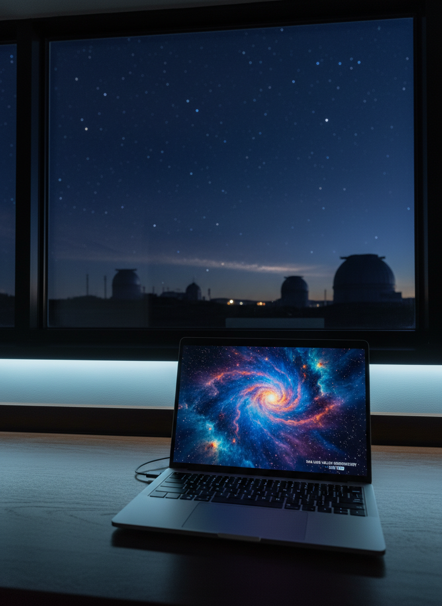 A minimalist workstation scene showing a slim laptop on a dark wooden desk, its screen displaying a live, high-resolution view of a nebula captured through a remote telescope at a San Luis Valley observatory. Behind the laptop, a large window reveals a night landscape with distant observatory domes silhouetted against a crystal-clear, starry sky. Soft, cool indoor desk lighting illuminates the keyboard and trackpad, while moonlight and starlight gently outline the window frame. Photographic realism with a slightly elevated angle and shallow depth of field that keeps the laptop sharp but allows the outdoor observatory to softly blur. The mood is calm, professional, and futuristic, emphasizing effortless remote access from anywhere.