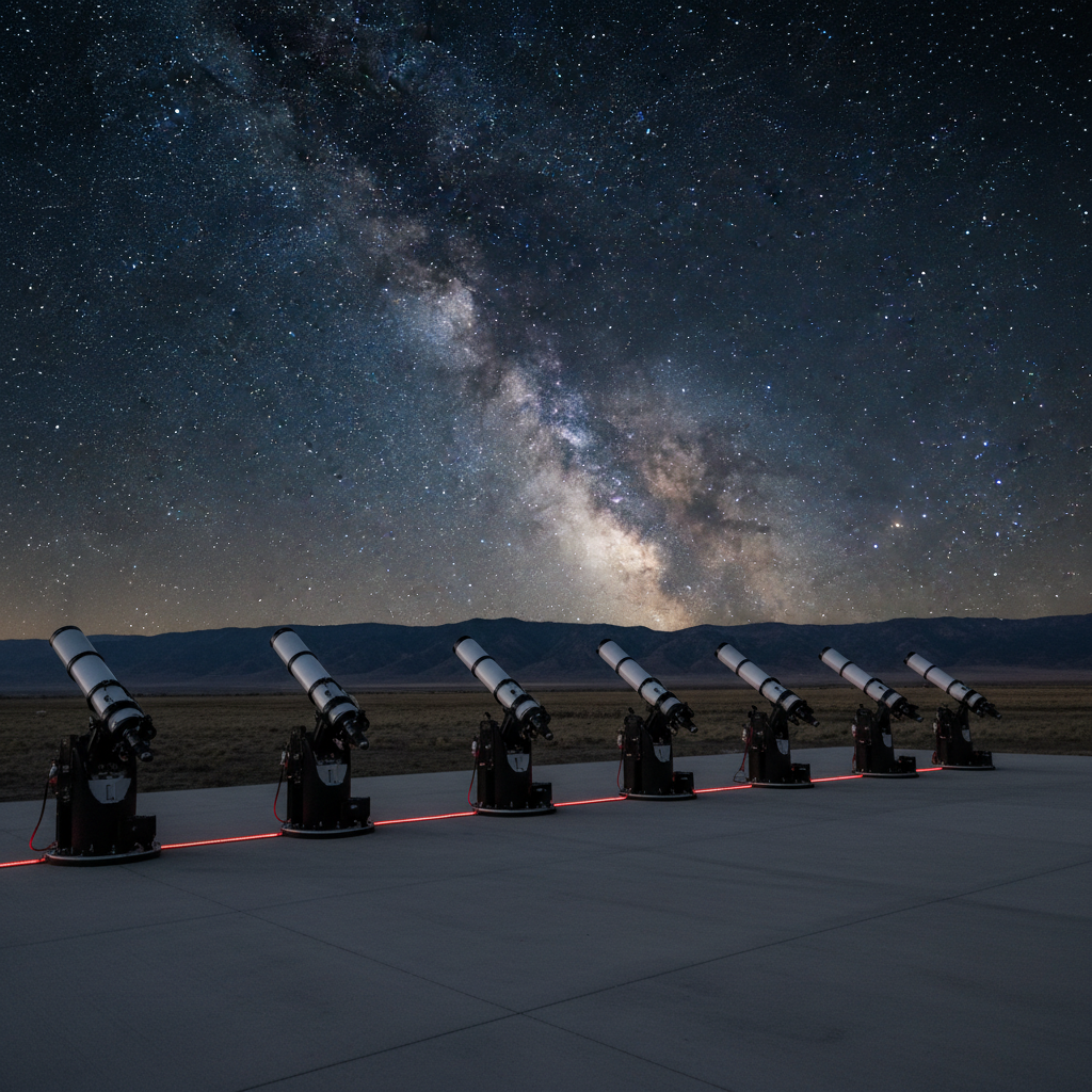 A row of high-end robotic telescopes with gleaming white and black optical tubes mounted on sturdy equatorial mounts, all aligned on a clean concrete pad at a dark-sky observatory in Colorado’s San Luis Valley. In the distance, low mountains form a subtle silhouette beneath an inky, star-filled sky with the Milky Way arching overhead. Discreet red safety lights softly outline cables and mounts without spoiling the darkness. Photographic realism with crisp detail, captured at eye level with a wide-angle lens. The mood is professional and awe-inspiring, emphasizing reliability and premium equipment, with sharp focus throughout and a clean, modern aesthetic suitable for a business homepage hero image.