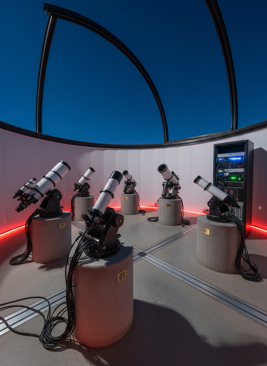An interior view of a compact roll-off roof observatory in the San Luis Valley, roof fully open to reveal a panoramic slice of the night sky. Several client telescopes are permanently mounted on numbered concrete piers, each with cable bundles routed through tidy floor conduits to a central rack of network and power equipment along one wall. Red LED strip lighting traces the floor edges, providing subtle illumination without harming night vision. Photographic realism, captured from a corner at a slightly wide angle, with sharp focus throughout to highlight organization and reliability. The atmosphere is orderly, technical, and quietly impressive, conveying trust in the infrastructure behind the remote rental service.