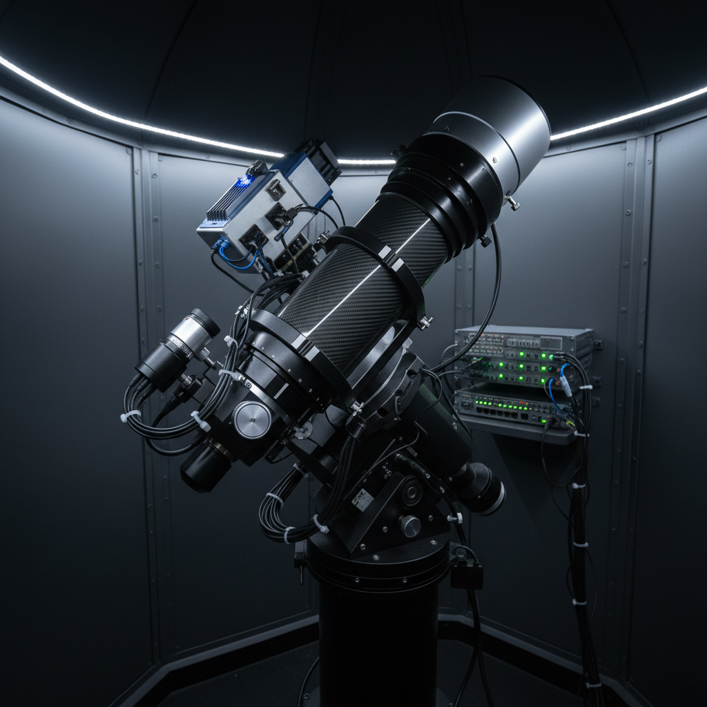 A close-up of a premium rental telescope’s control hardware inside a compact observatory enclosure, showing a sleek carbon-fiber optical tube, neatly routed cables, and a cooled astro-camera glowing faint blue at the back. Next to the mount, a small industrial network switch and cable management system suggest robust remote connectivity. The walls are matte dark gray to reduce reflections. Cool, low-intensity LED lighting creates subtle highlights on metal surfaces while keeping the room dim. Photographic realism, shot from a slightly elevated angle with moderate depth of field, background gently blurred. The mood is technical, trustworthy, and precise, showcasing the professional quality and reliability of the remote setup.