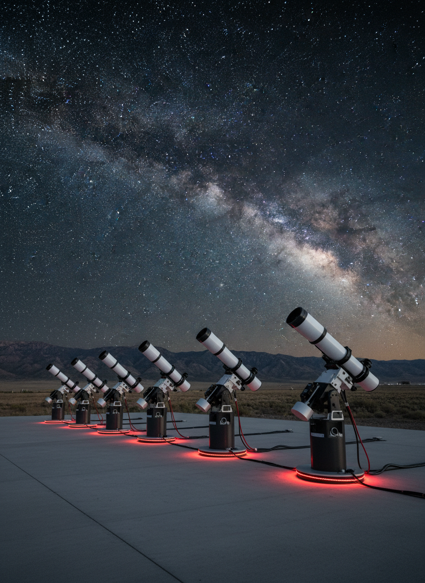 A row of high-end robotic telescopes with gleaming white and black optical tubes mounted on sturdy equatorial mounts, all aligned on a clean concrete pad at a dark-sky observatory in Colorado’s San Luis Valley. In the distance, low mountains form a subtle silhouette beneath an inky, star-filled sky with the Milky Way arching overhead. Discreet red safety lights softly outline cables and mounts without spoiling the darkness. Photographic realism with crisp detail, captured at eye level with a wide-angle lens. The mood is professional and awe-inspiring, emphasizing reliability and premium equipment, with sharp focus throughout and a clean, modern aesthetic suitable for a business homepage hero image.